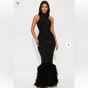 Fashion Nova Black Sequin Feather Gown